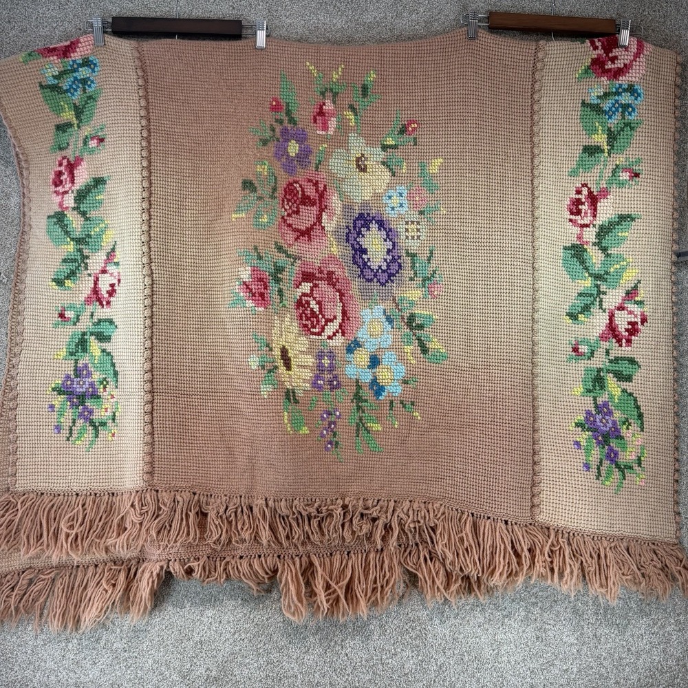 VTG Crochet Needle Point Roses Granny Cottage Core Afghan Blanket Throw *Flaw*